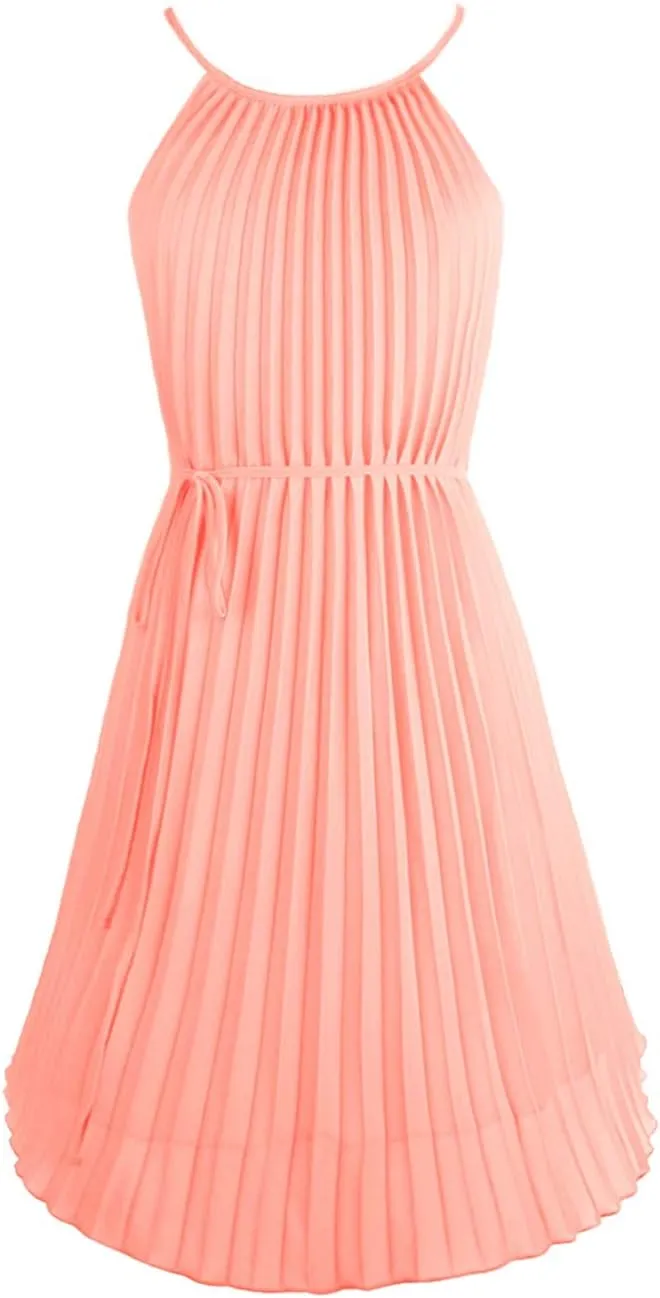 Ellames Women's 2024 Summer Spaghetti Strap Pleated Casual Swing Dress with Belt
