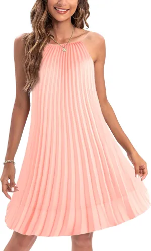 Ellames Women's 2024 Summer Spaghetti Strap Pleated Casual Swing Dress with Belt