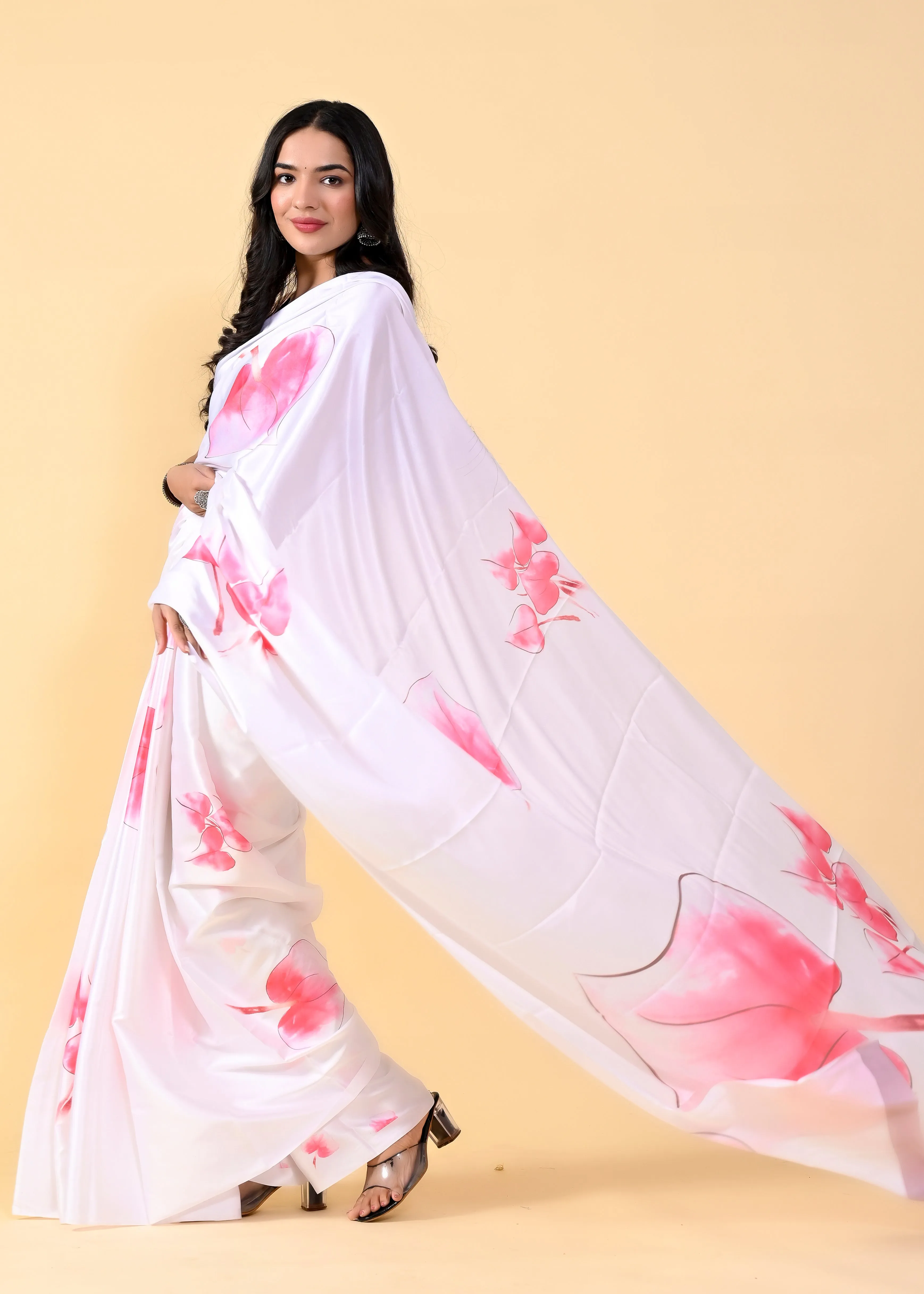 Exquisite White & Pink Floral Saree with Silk Blouse