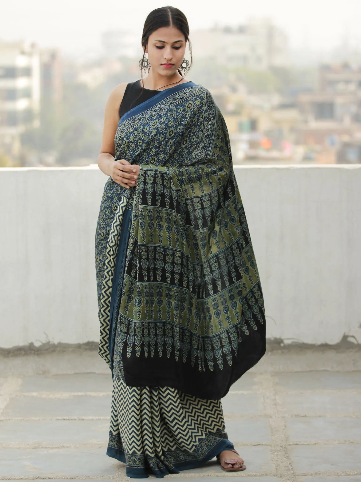 Green Indigo Ivory Ajrakh Hand Block Printed Modal Silk Saree in Natural Colors - S031704113