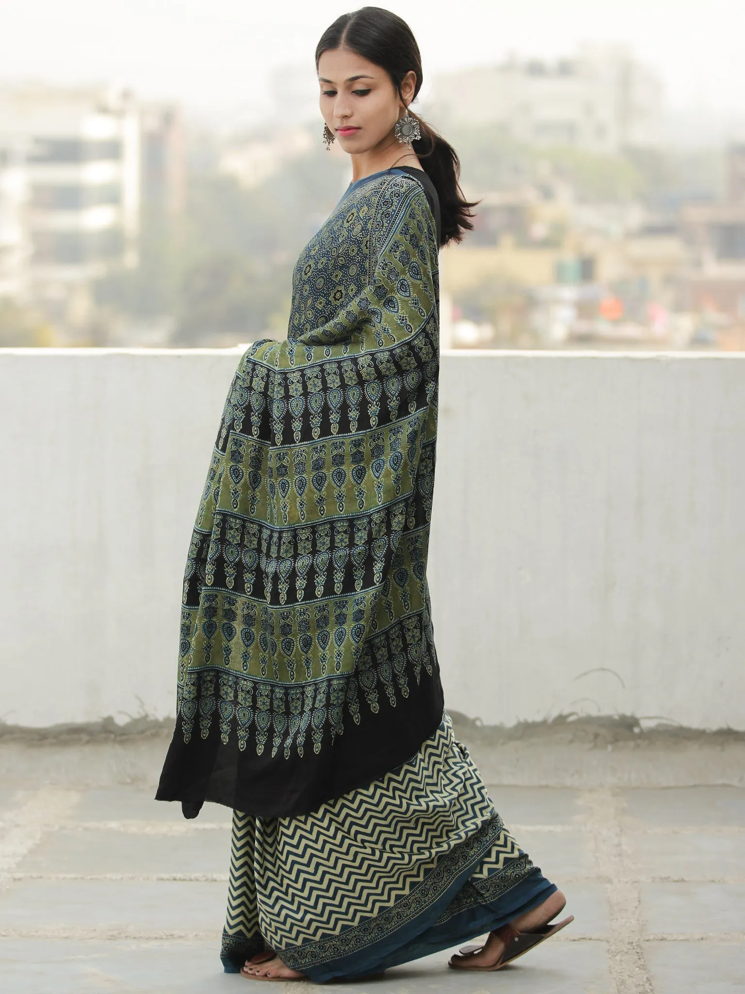 Green Indigo Ivory Ajrakh Hand Block Printed Modal Silk Saree in Natural Colors - S031704113