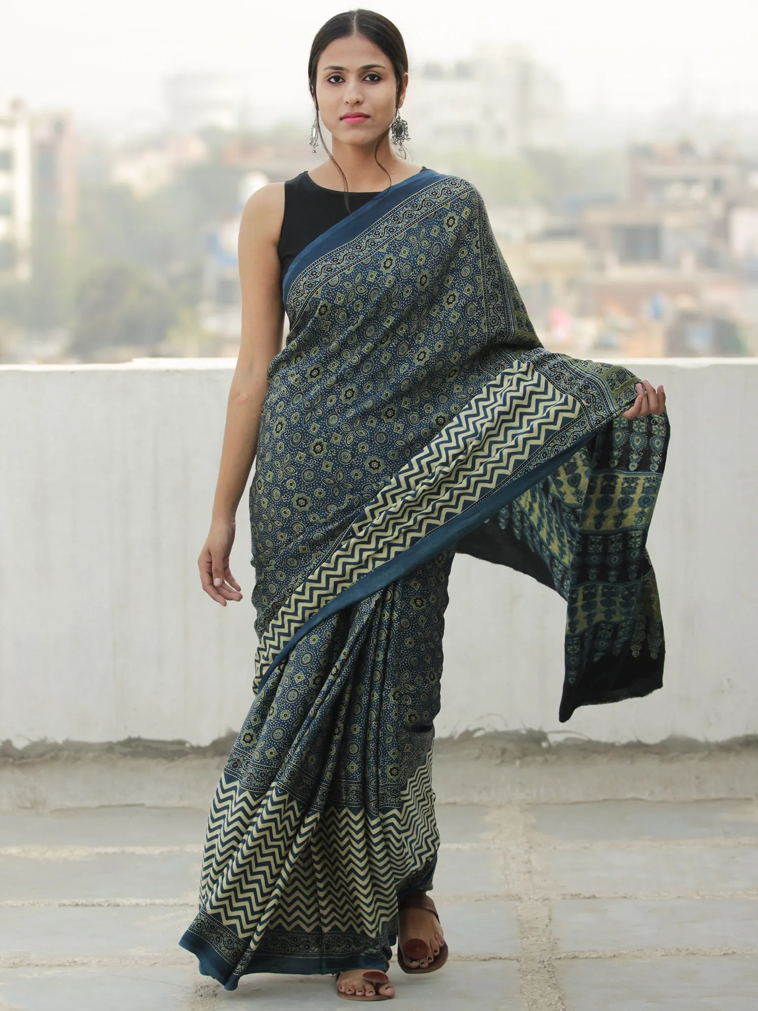 Green Indigo Ivory Ajrakh Hand Block Printed Modal Silk Saree in Natural Colors - S031704113