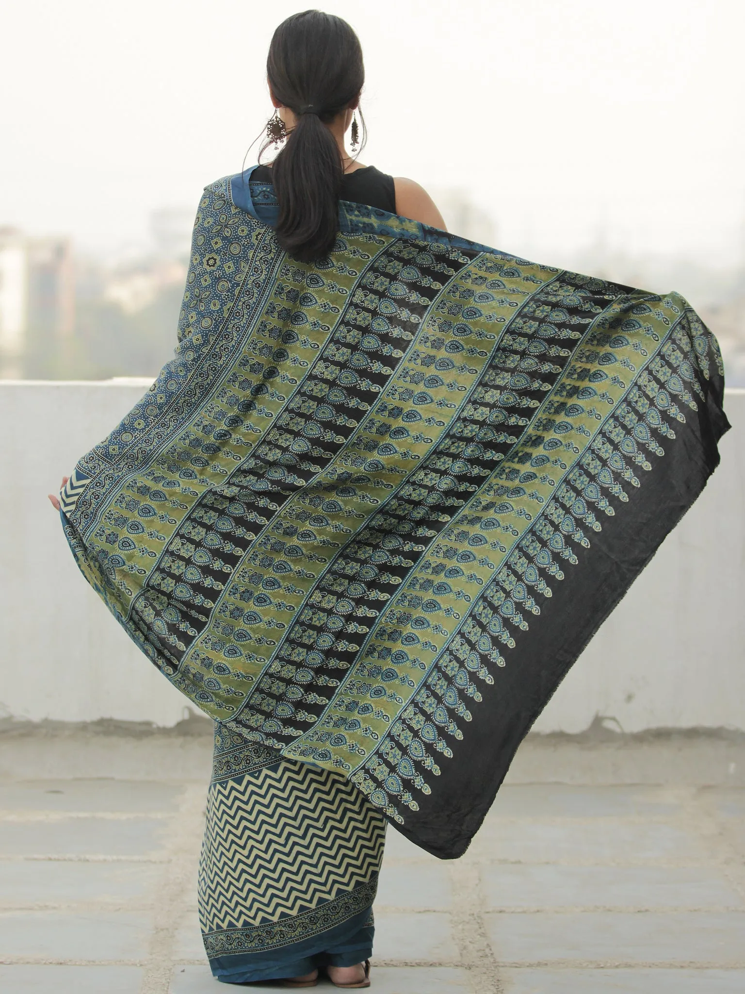 Green Indigo Ivory Ajrakh Hand Block Printed Modal Silk Saree in Natural Colors - S031704113