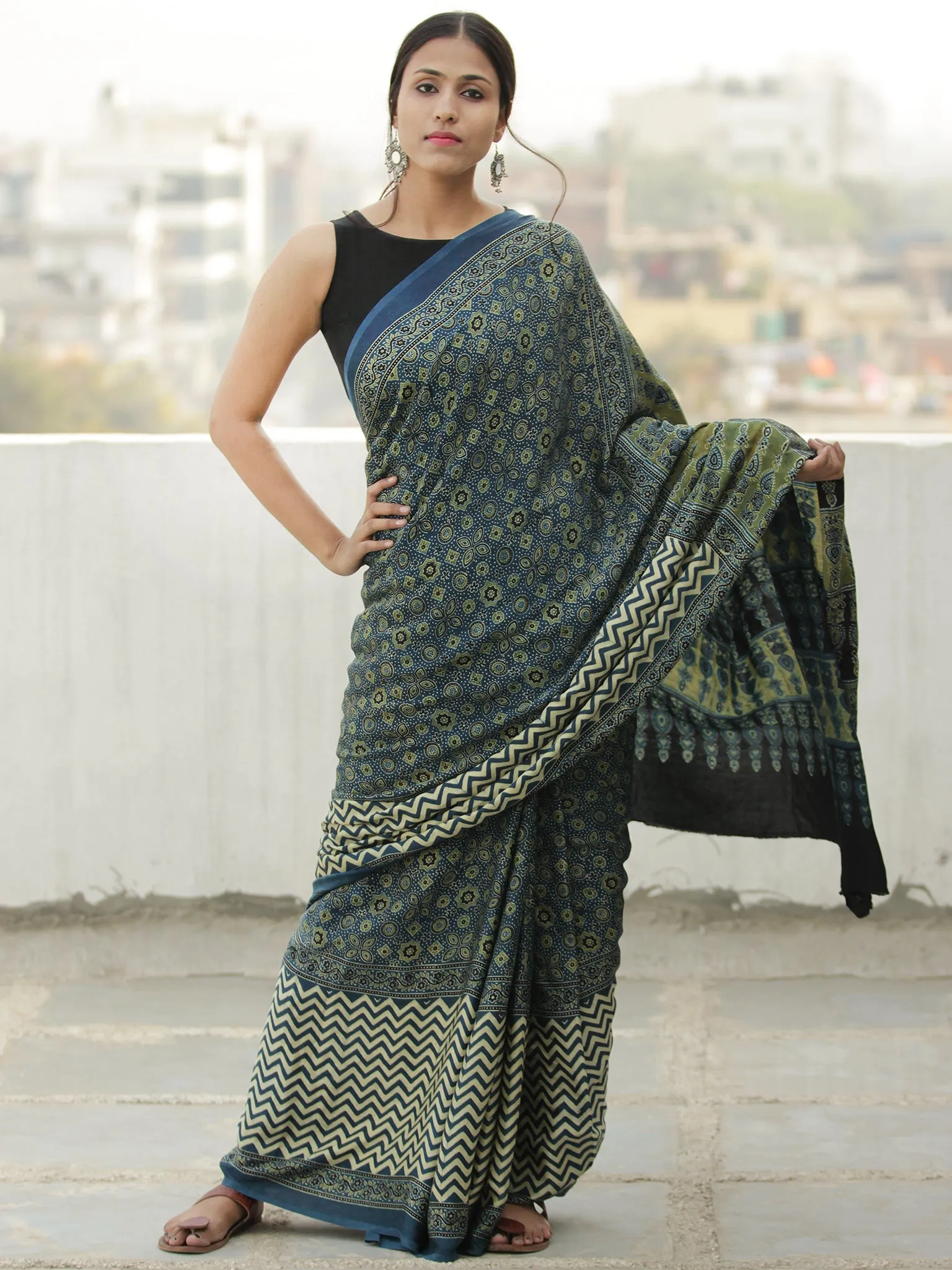 Green Indigo Ivory Ajrakh Hand Block Printed Modal Silk Saree in Natural Colors - S031704113