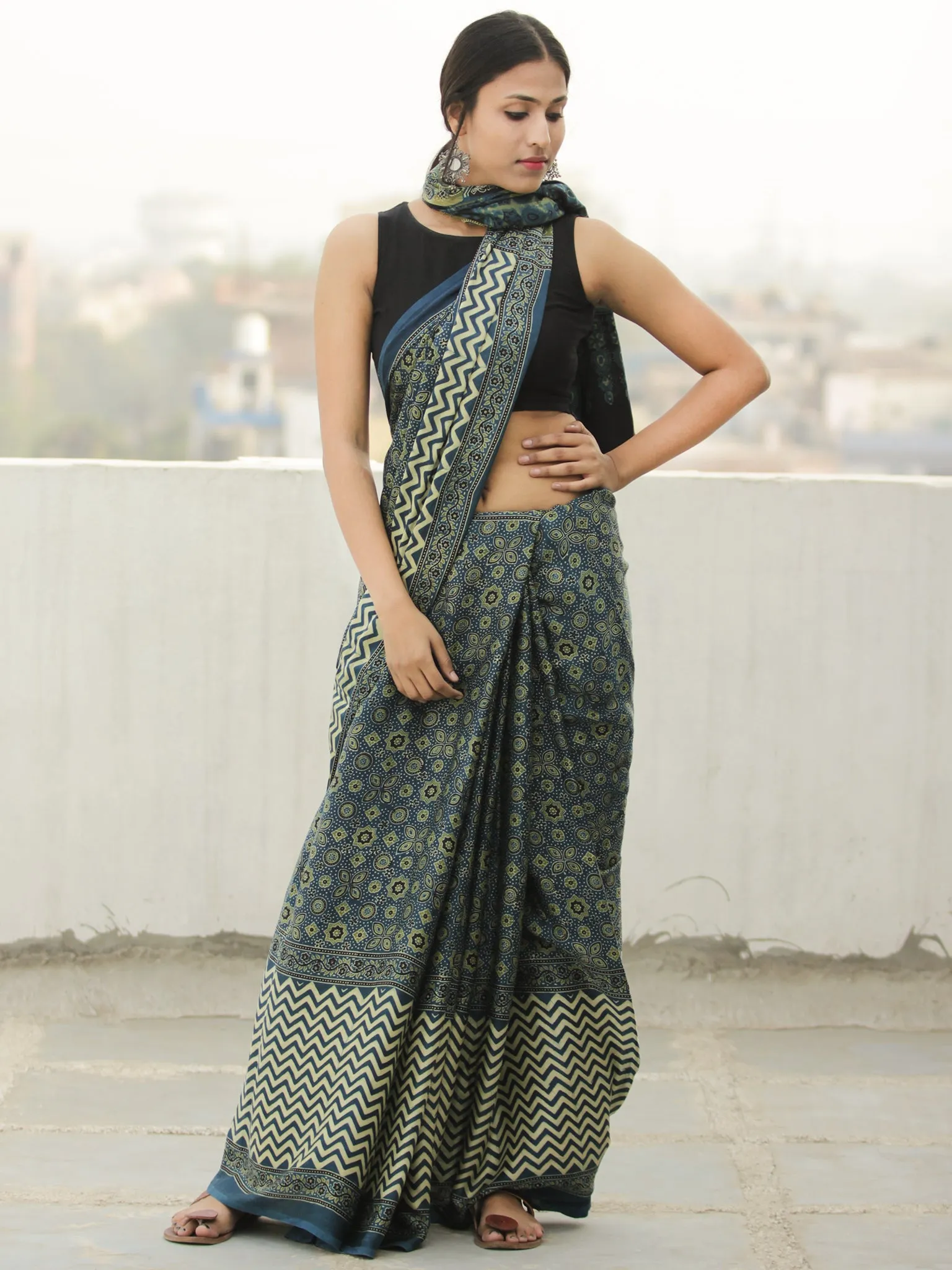 Green Indigo Ivory Ajrakh Hand Block Printed Modal Silk Saree in Natural Colors - S031704113