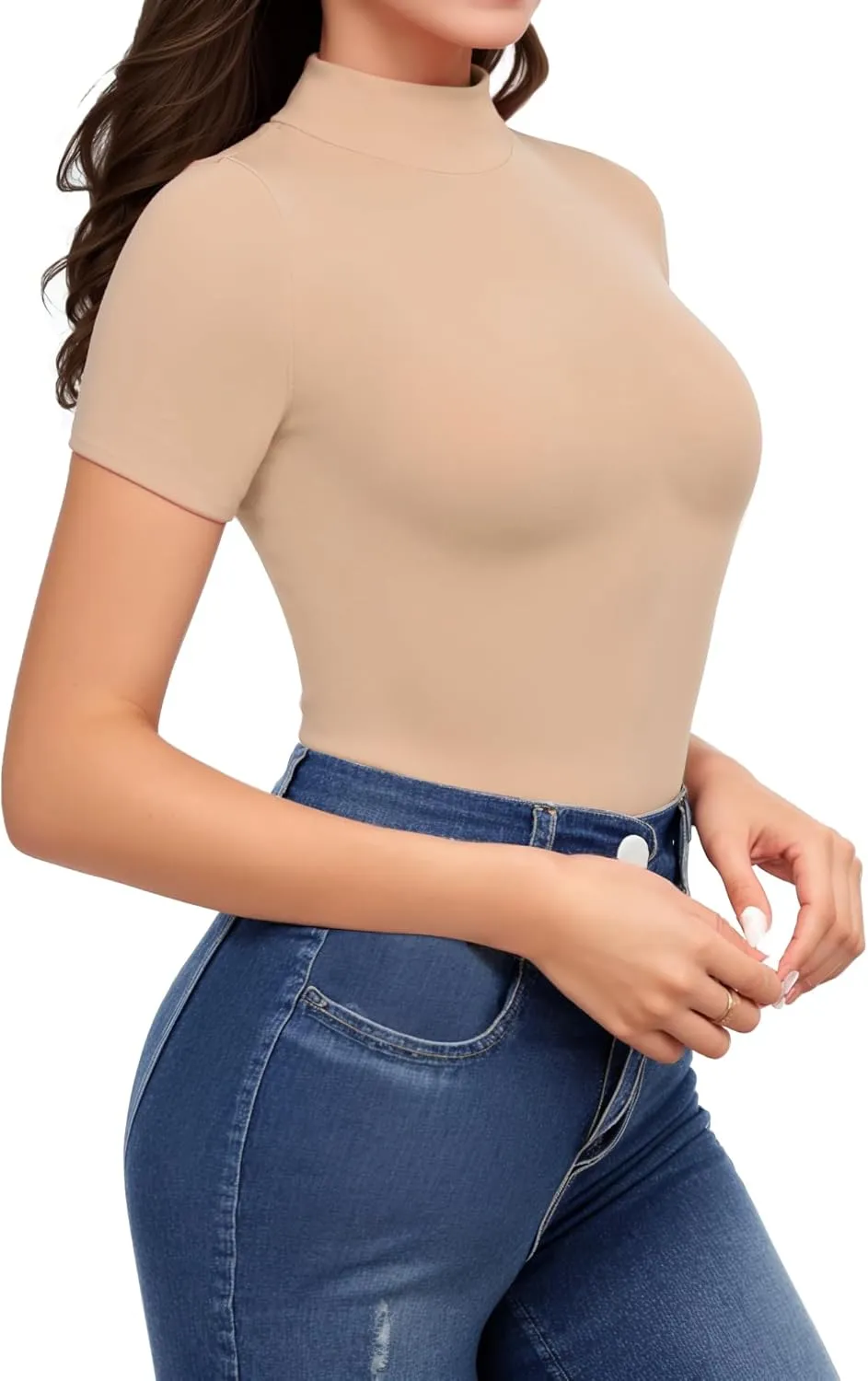 HERLOLLYCHIPS Mock Neck Tops for Women Basic Short Sleeve Tight Summer Sexy Dressy Casual Summer T-Shirts