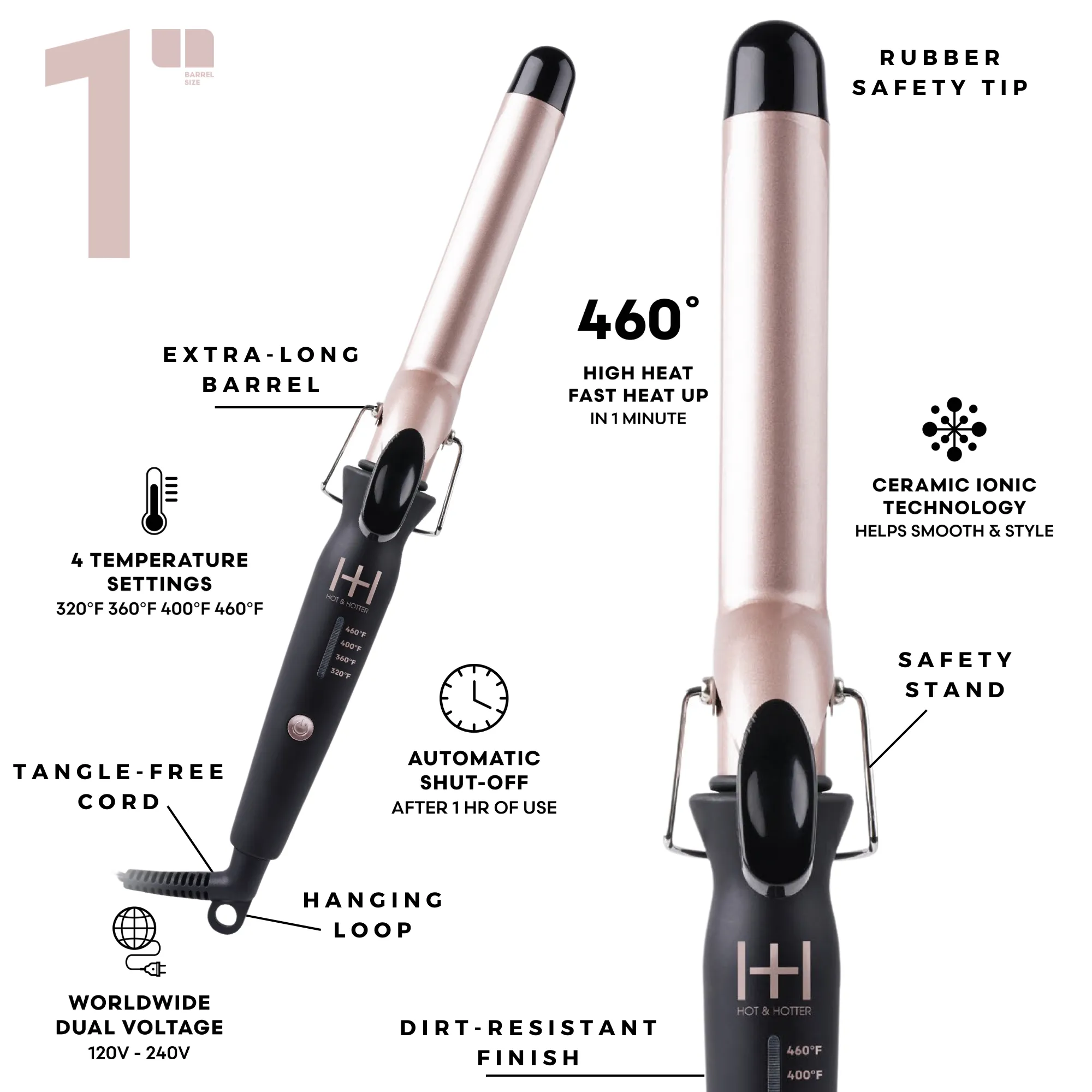 Hot & Hotter Extra Long Ceramic Tourmaline Curling Iron 1 Inch Black