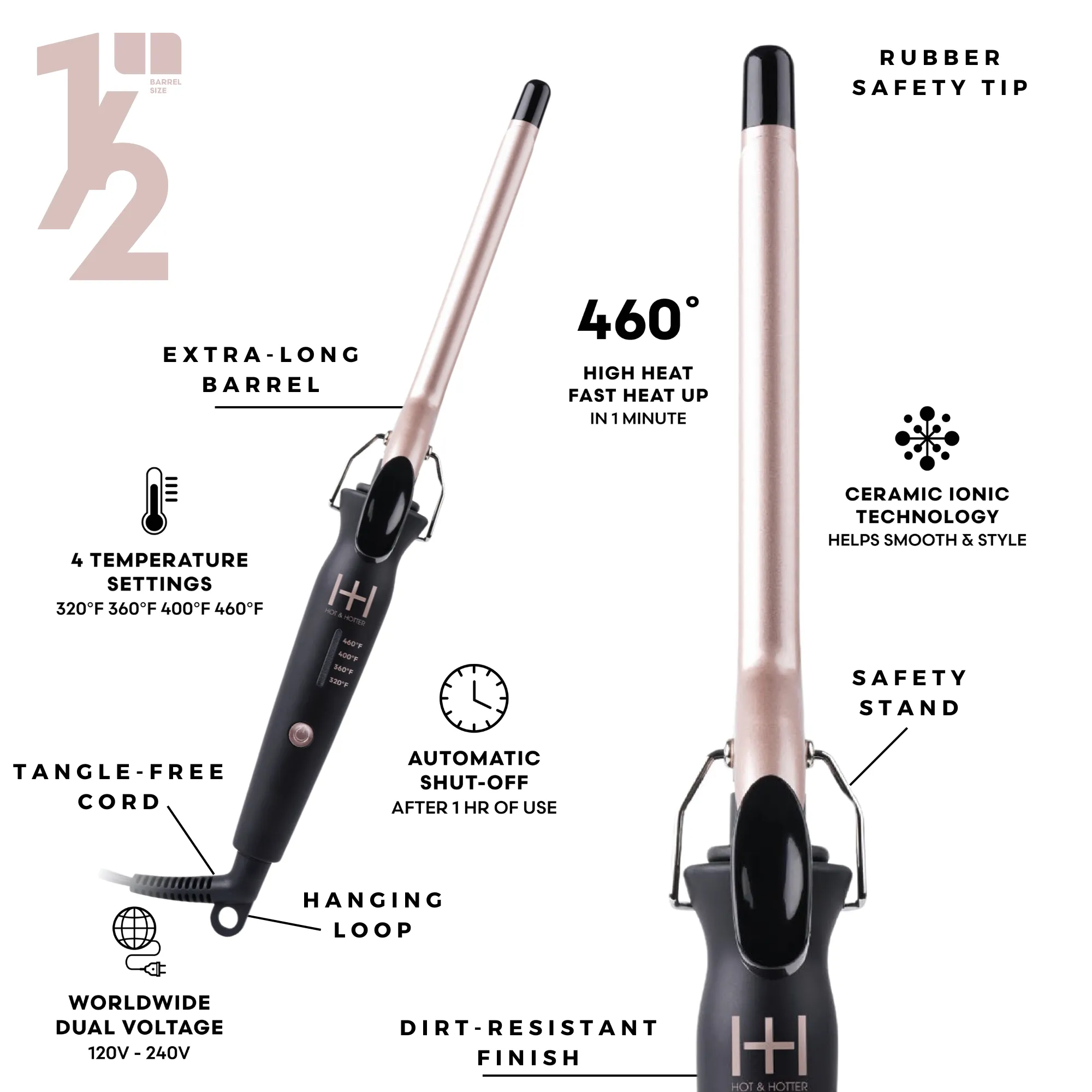 Hot & Hotter Extra Long Ceramic Tourmaline Curling Iron 1/2 Inch Black