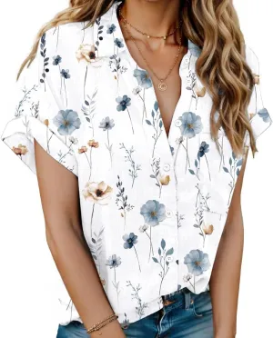 HOTOUCH Women Linen Shirts Button Down Cotton Short Sleeve Blouses V Neck Collared Button-up Gauze Tops S-3XL