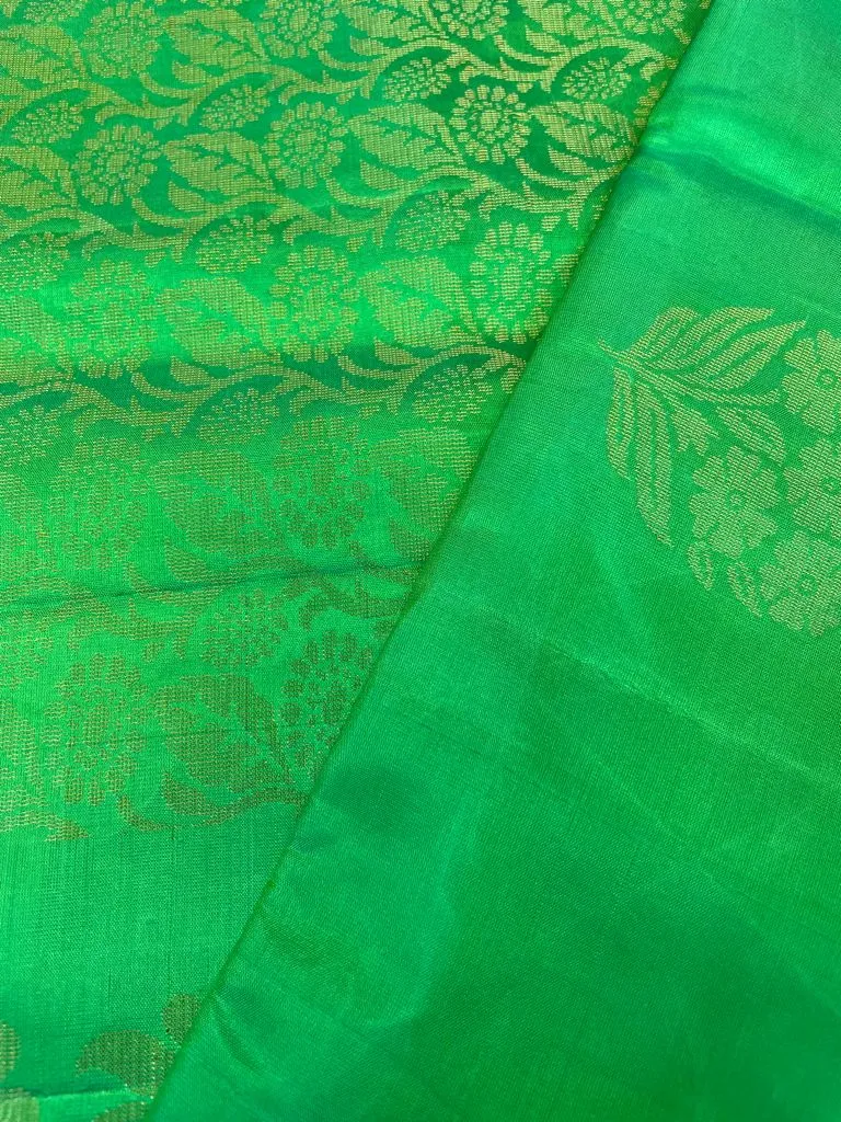 HPSS4 - Pure Handloom Soft Silk Kanjivaram Borderless Saree  in Double shaded Green with flower motifs and Zari Pallu