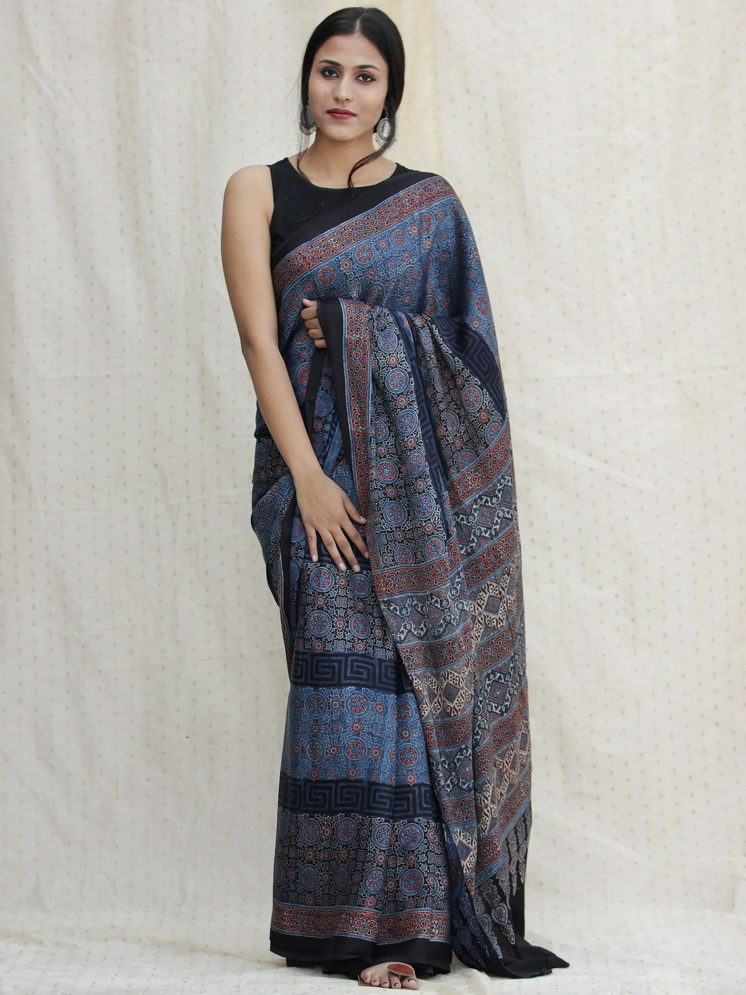 Indigo Black Red Ajrakh Hand Block Printed Modal Silk Saree - S031704123