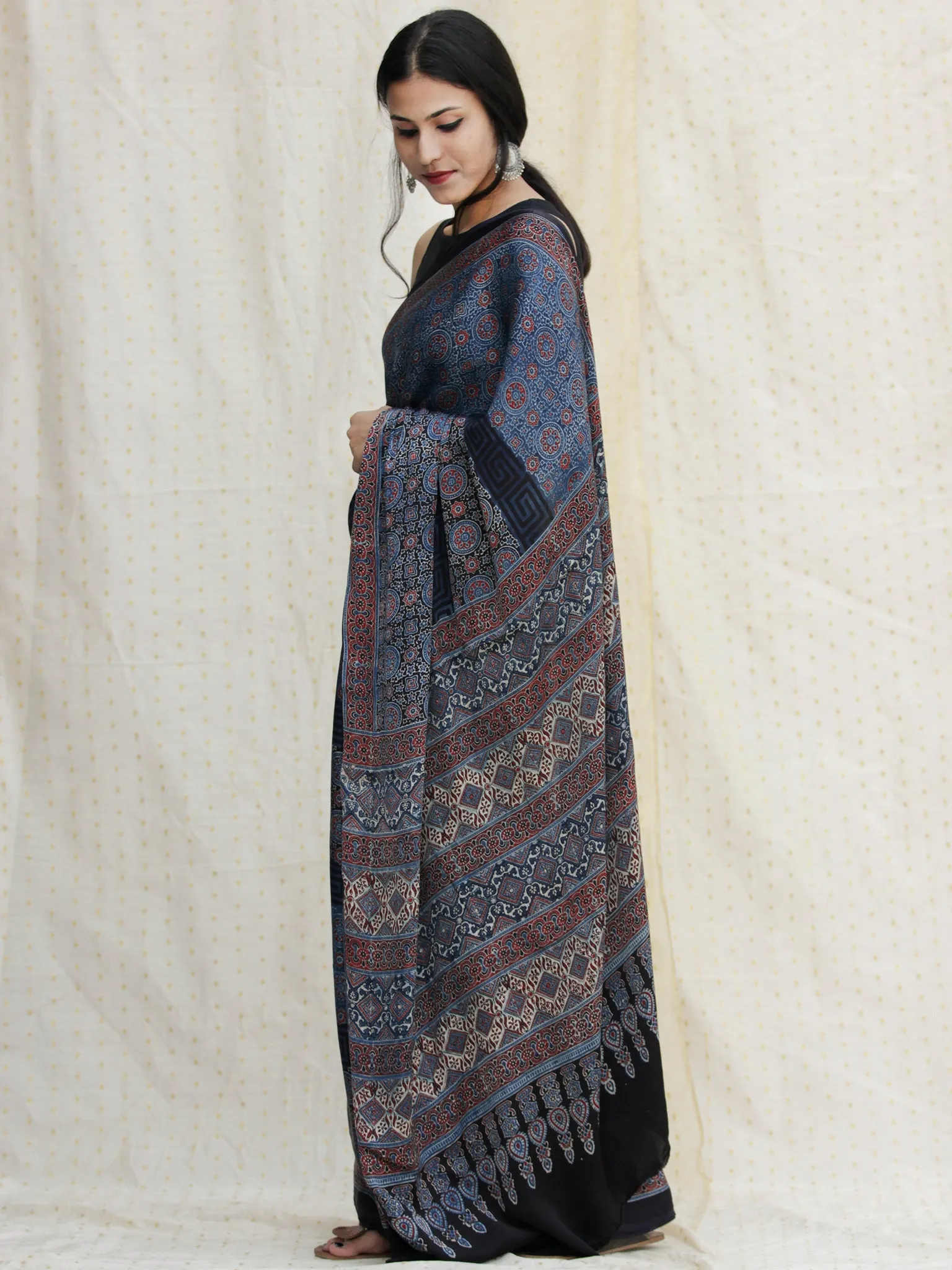 Indigo Black Red Ajrakh Hand Block Printed Modal Silk Saree - S031704123
