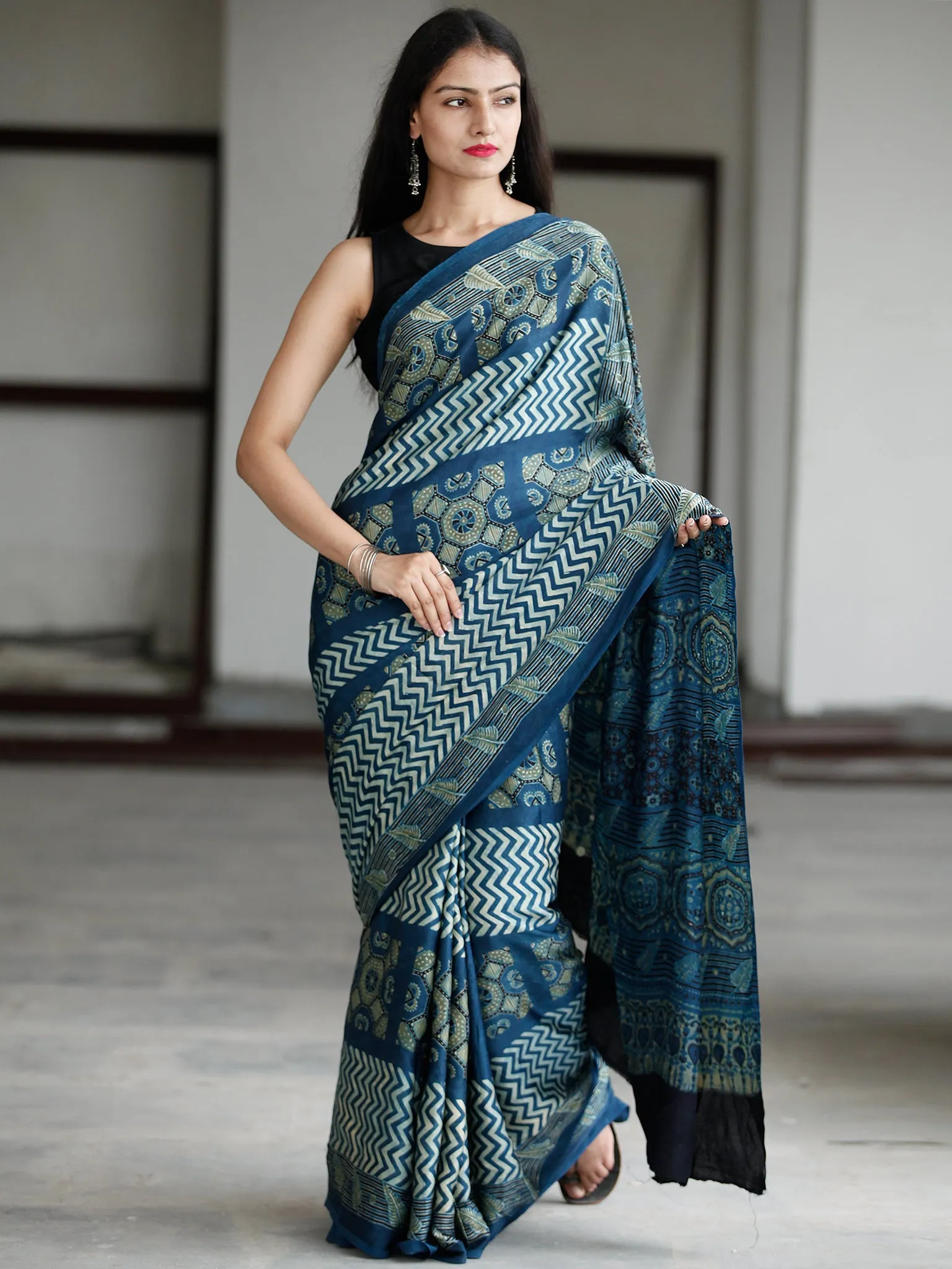 Indigo Green Ivory Ajrakh Hand Block Printed Modal Silk Saree in Natural Colors - S031703732