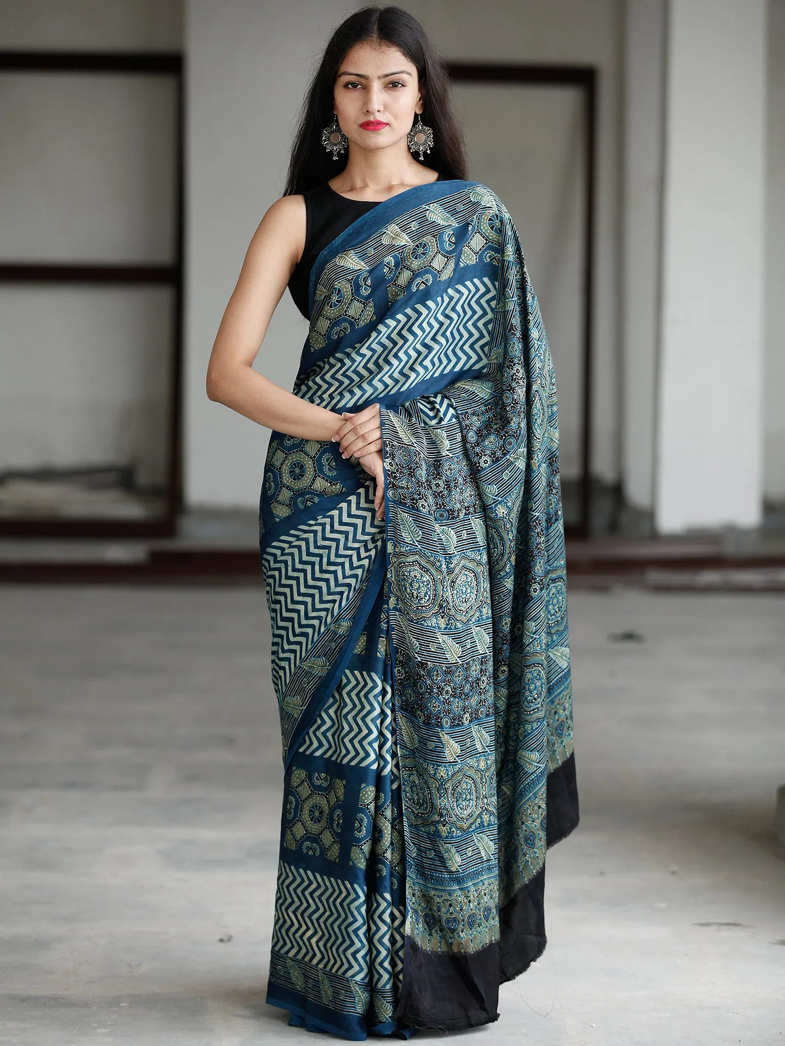 Indigo Green Ivory Ajrakh Hand Block Printed Modal Silk Saree in Natural Colors - S031703732