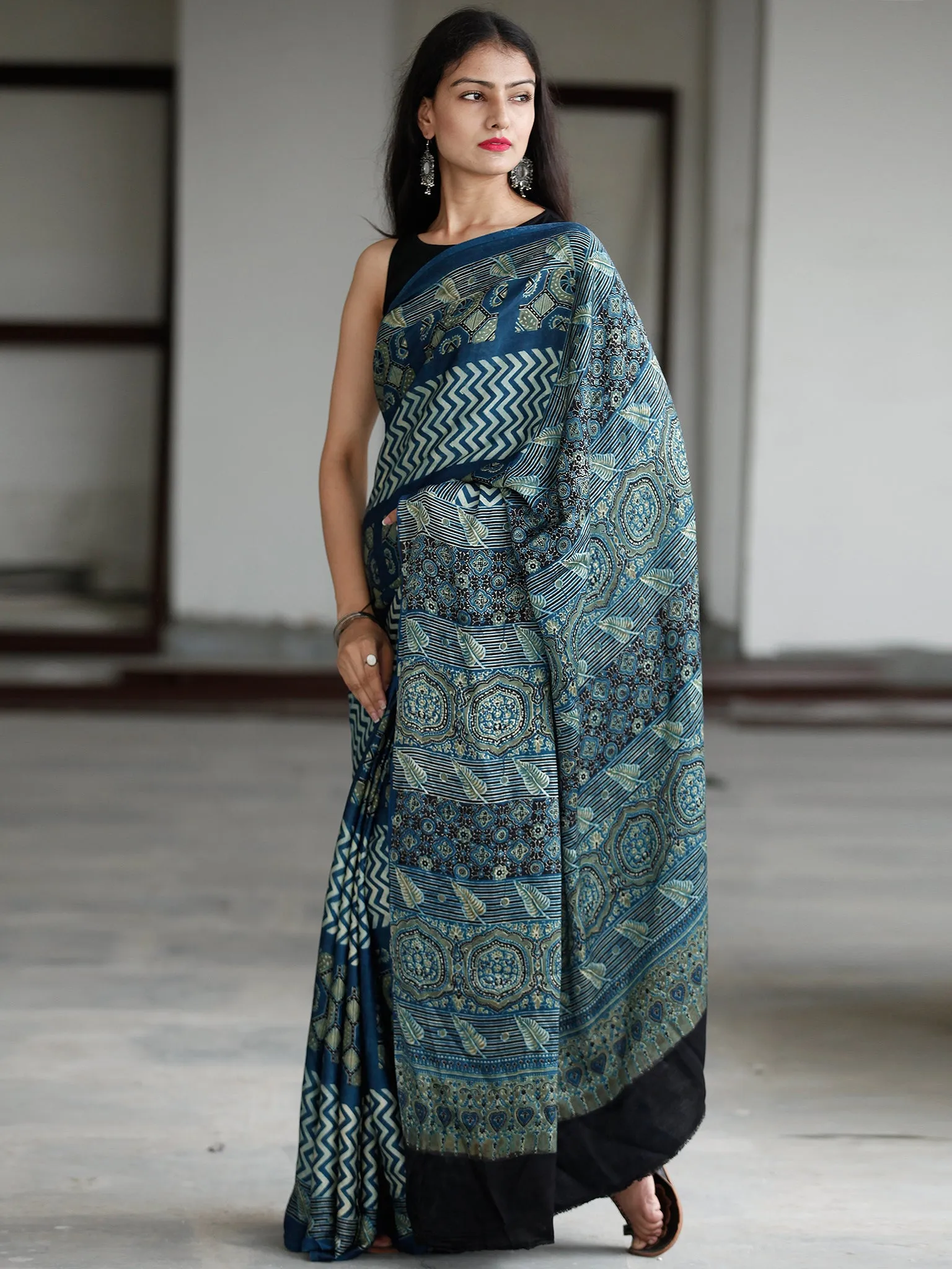 Indigo Green Ivory Ajrakh Hand Block Printed Modal Silk Saree in Natural Colors - S031703732