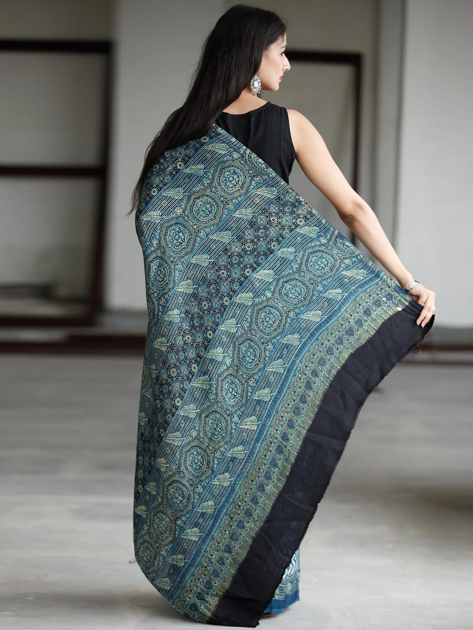 Indigo Green Ivory Ajrakh Hand Block Printed Modal Silk Saree in Natural Colors - S031703732