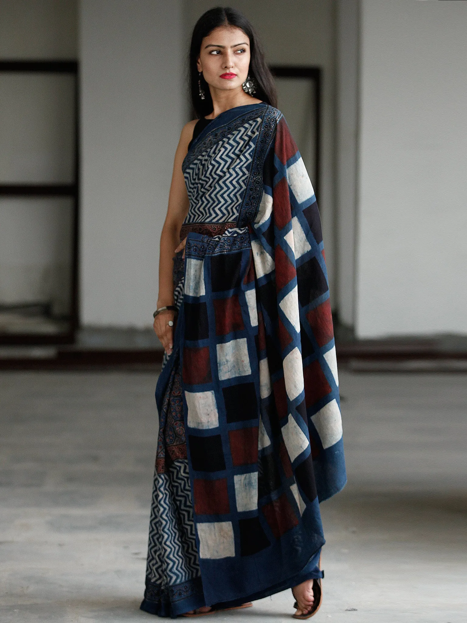 Indigo Maroon Black Ivory Ajrakh Hand Block Printed Cotton Saree in Natural Colors - S031703736