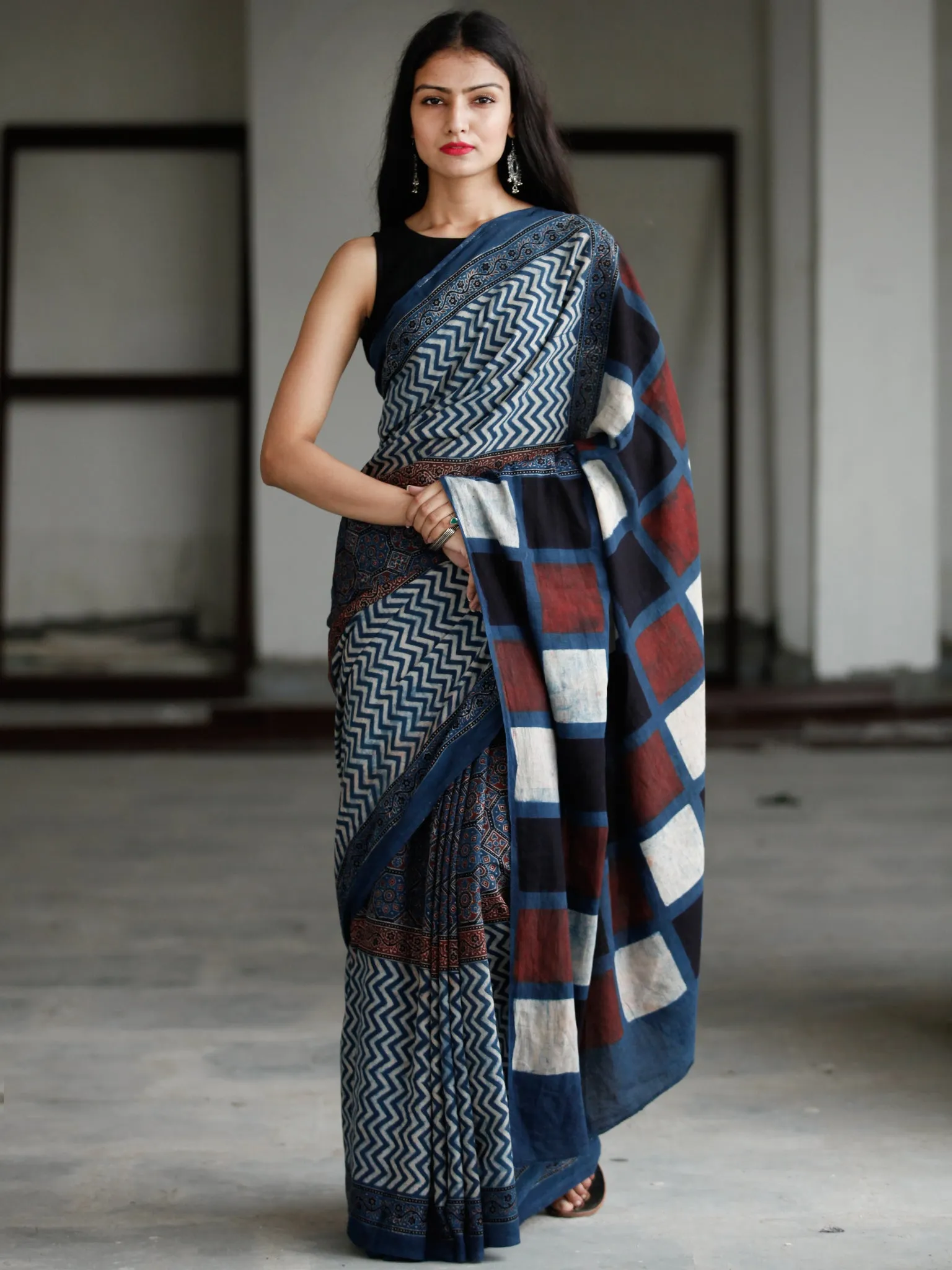 Indigo Maroon Black Ivory Ajrakh Hand Block Printed Cotton Saree in Natural Colors - S031703736