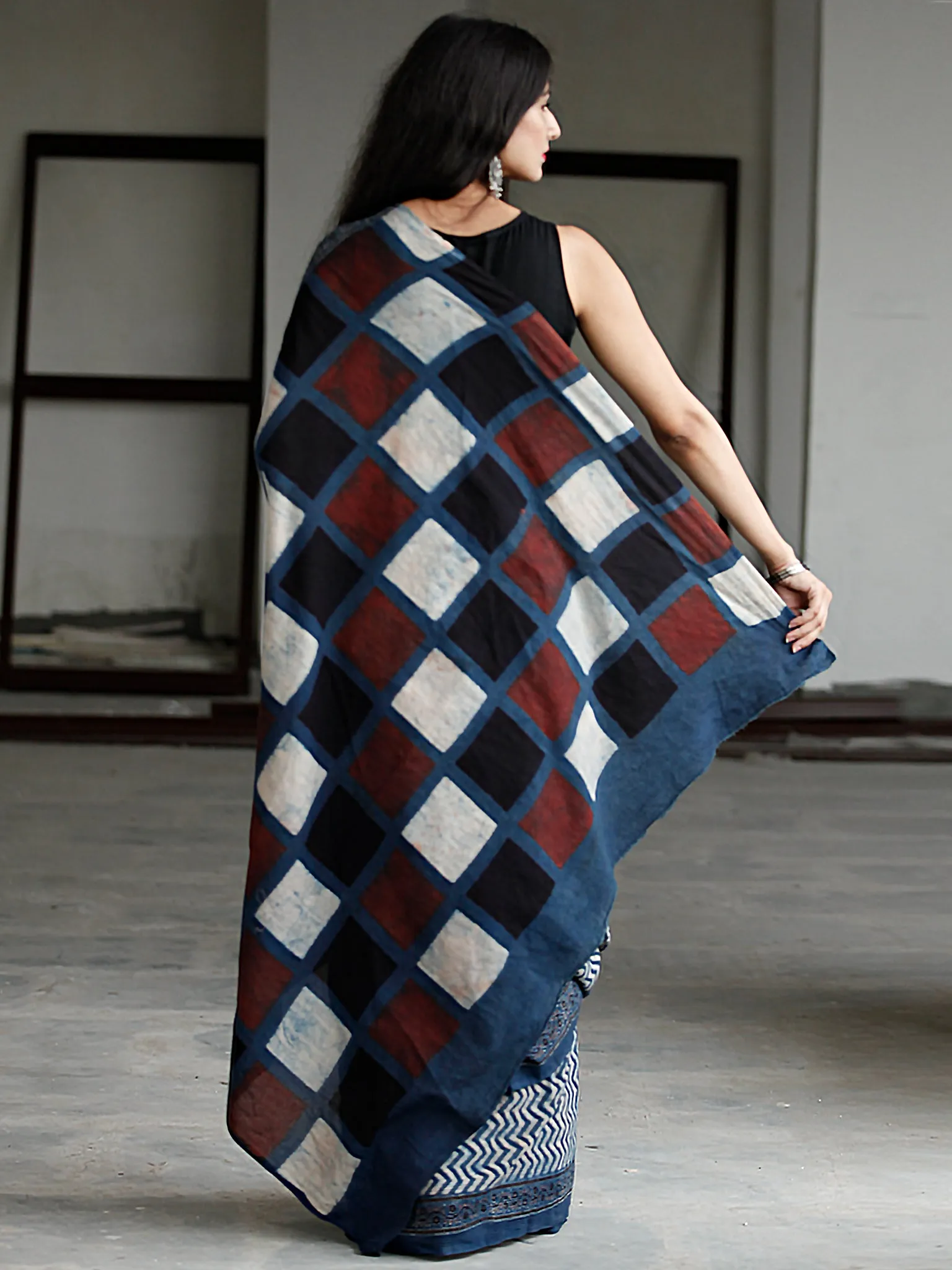Indigo Maroon Black Ivory Ajrakh Hand Block Printed Cotton Saree in Natural Colors - S031703736