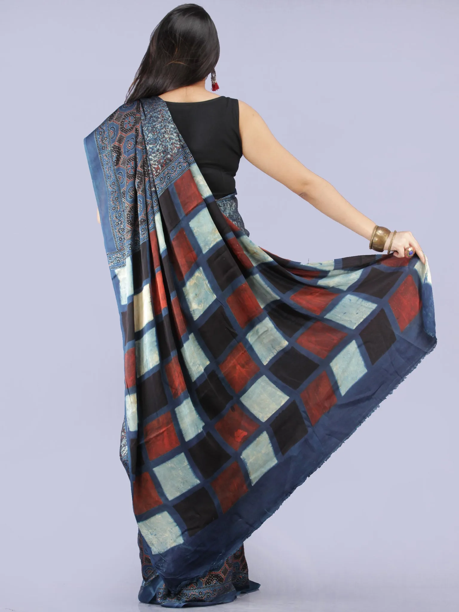 Indigo Maroon Black Ivory Ajrakh Hand Block Printed Modal Silk Saree - S031704264