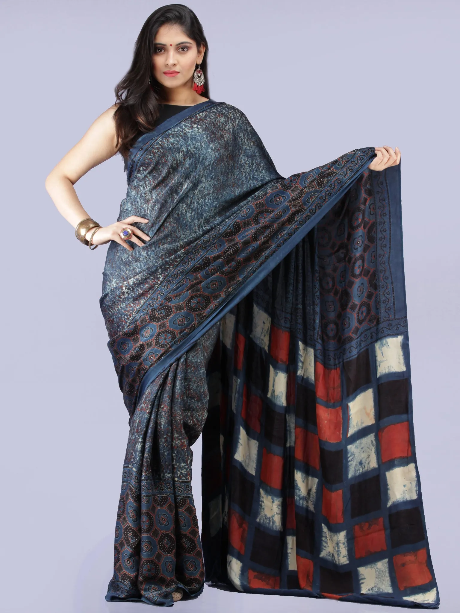 Indigo Maroon Black Ivory Ajrakh Hand Block Printed Modal Silk Saree - S031704264