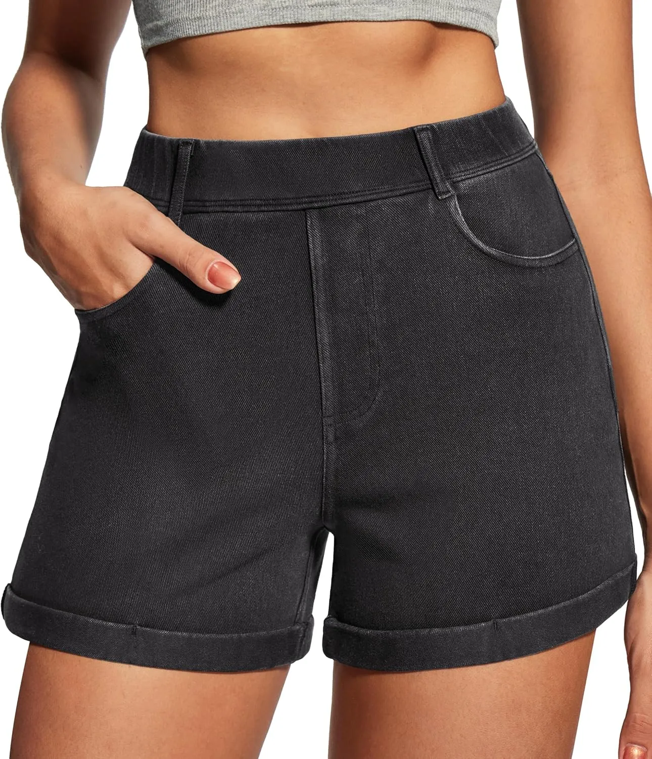 IUGA Stretchy Jorts Women Pull On Jean Shorts Womens High Waisted Folded Hem Denim Shorts Summer Casual with Pockets
