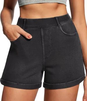 IUGA Stretchy Jorts Women Pull On Jean Shorts Womens High Waisted Folded Hem Denim Shorts Summer Casual with Pockets