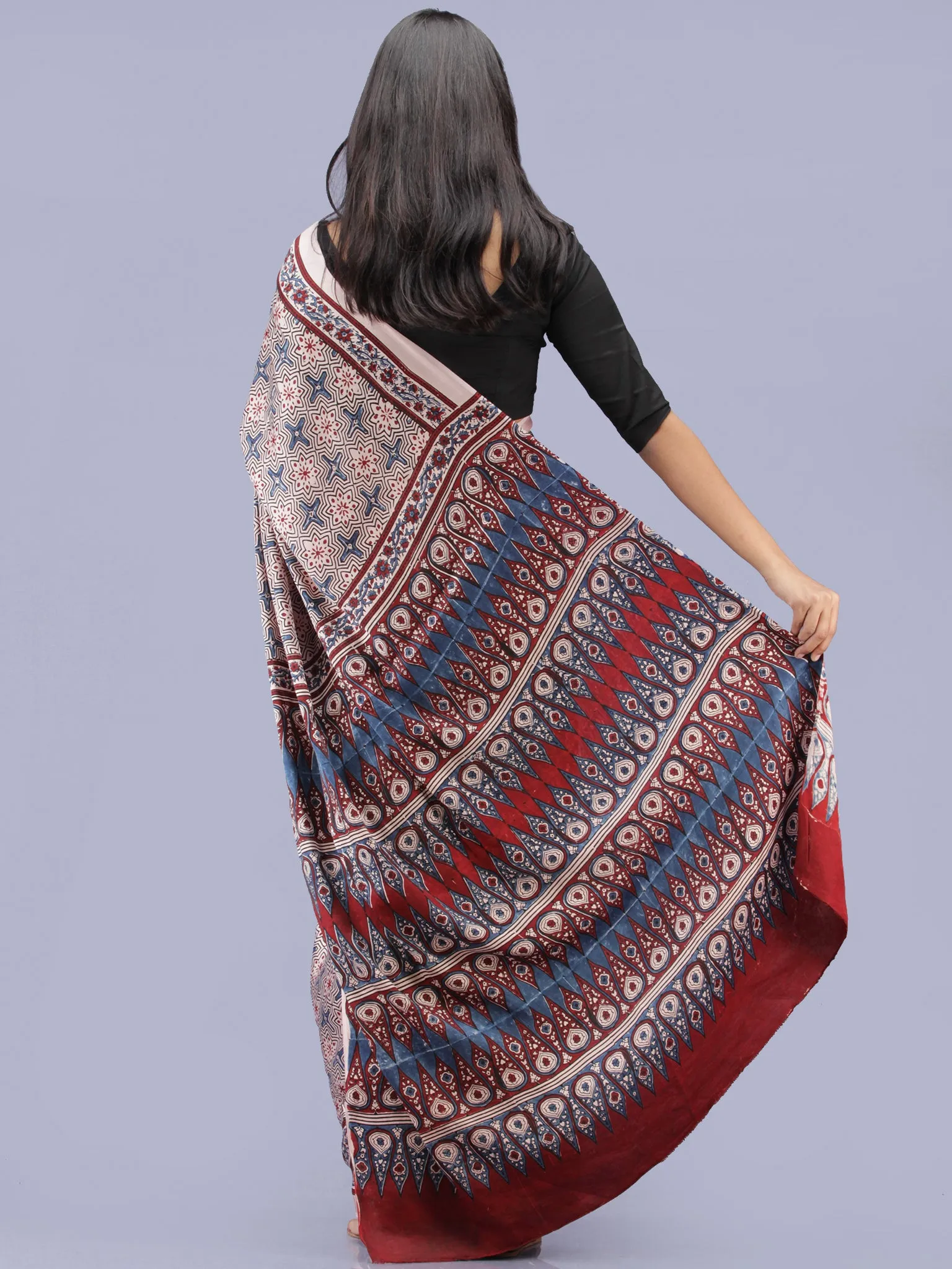 Ivory Indigo Red Ajrakh Hand Block Printed Modal Silk Saree - S031704222