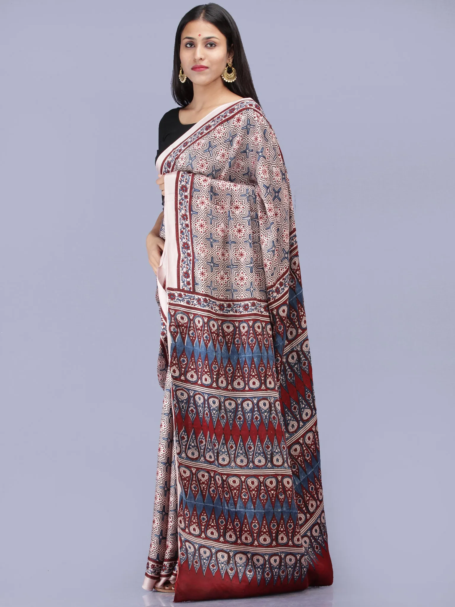 Ivory Indigo Red Ajrakh Hand Block Printed Modal Silk Saree - S031704222