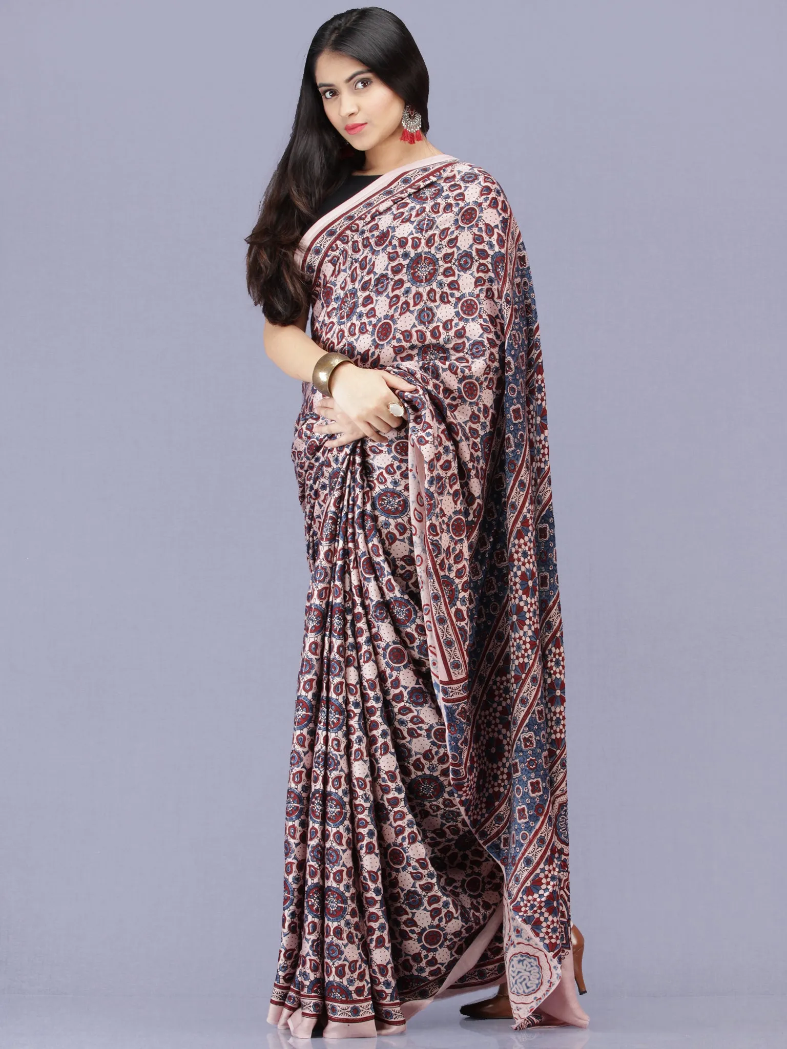 Ivory Red Indigo Ajrakh Hand Block Printed Modal Silk Saree - S031704184