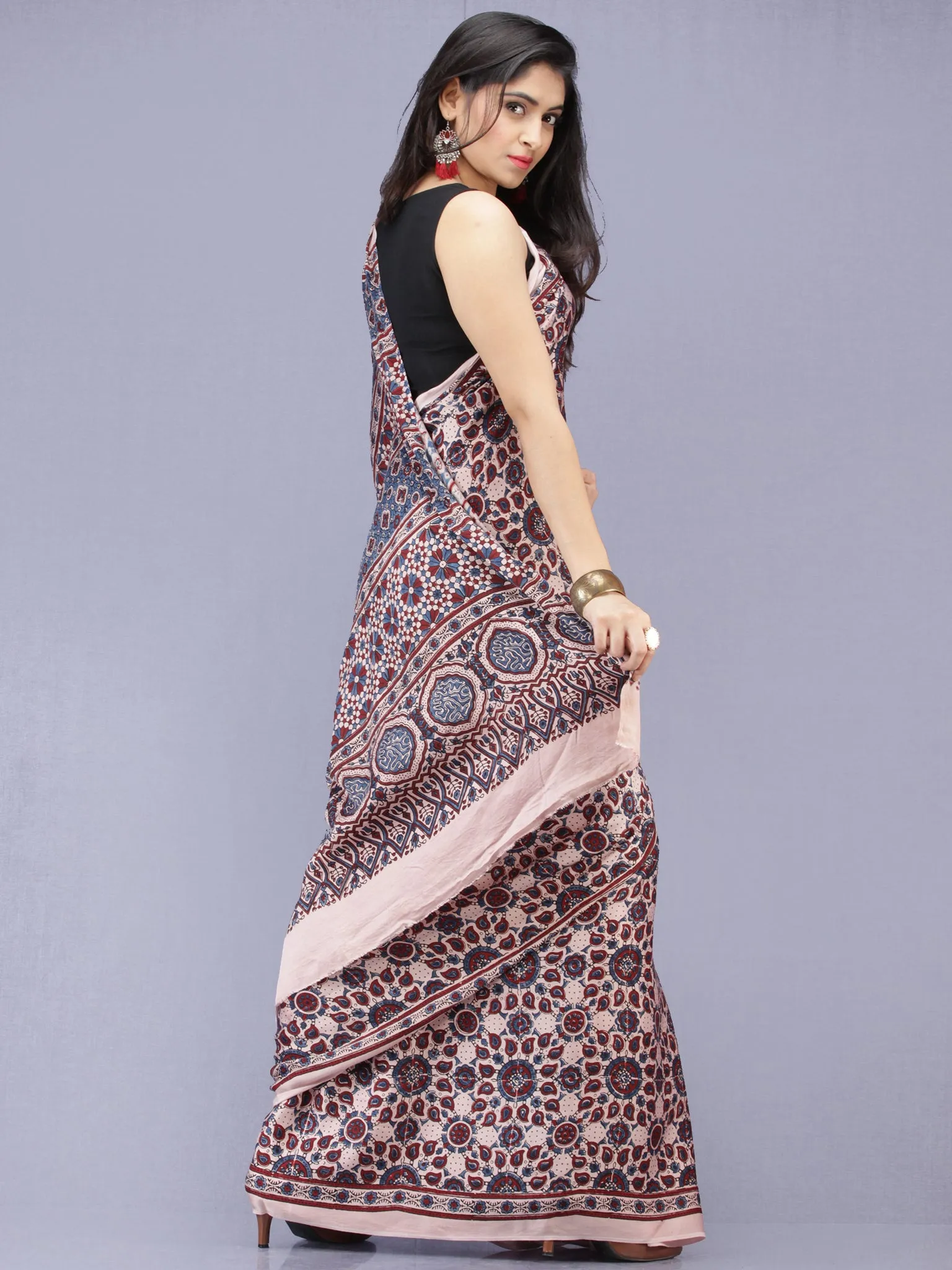 Ivory Red Indigo Ajrakh Hand Block Printed Modal Silk Saree - S031704184