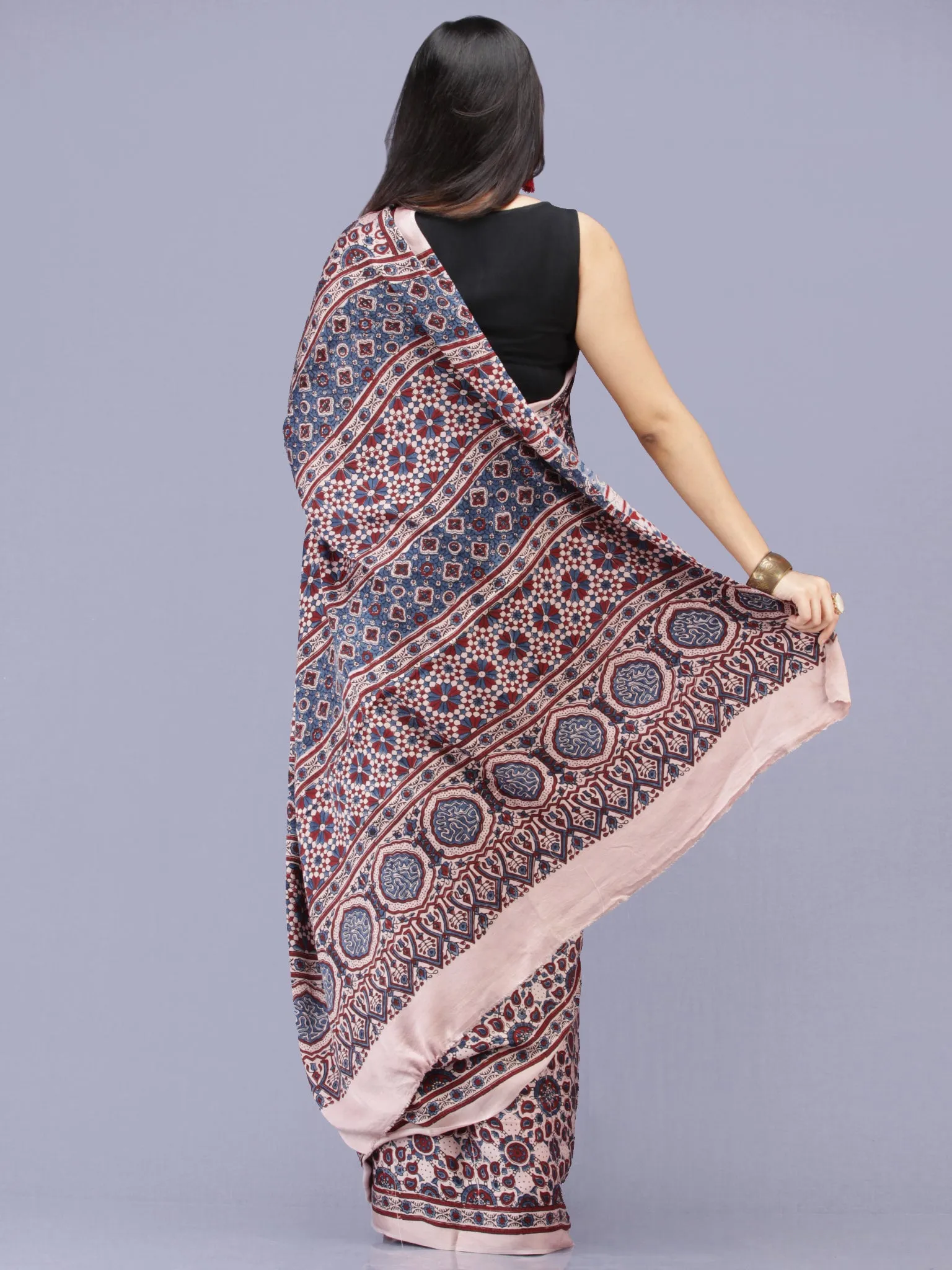 Ivory Red Indigo Ajrakh Hand Block Printed Modal Silk Saree - S031704184