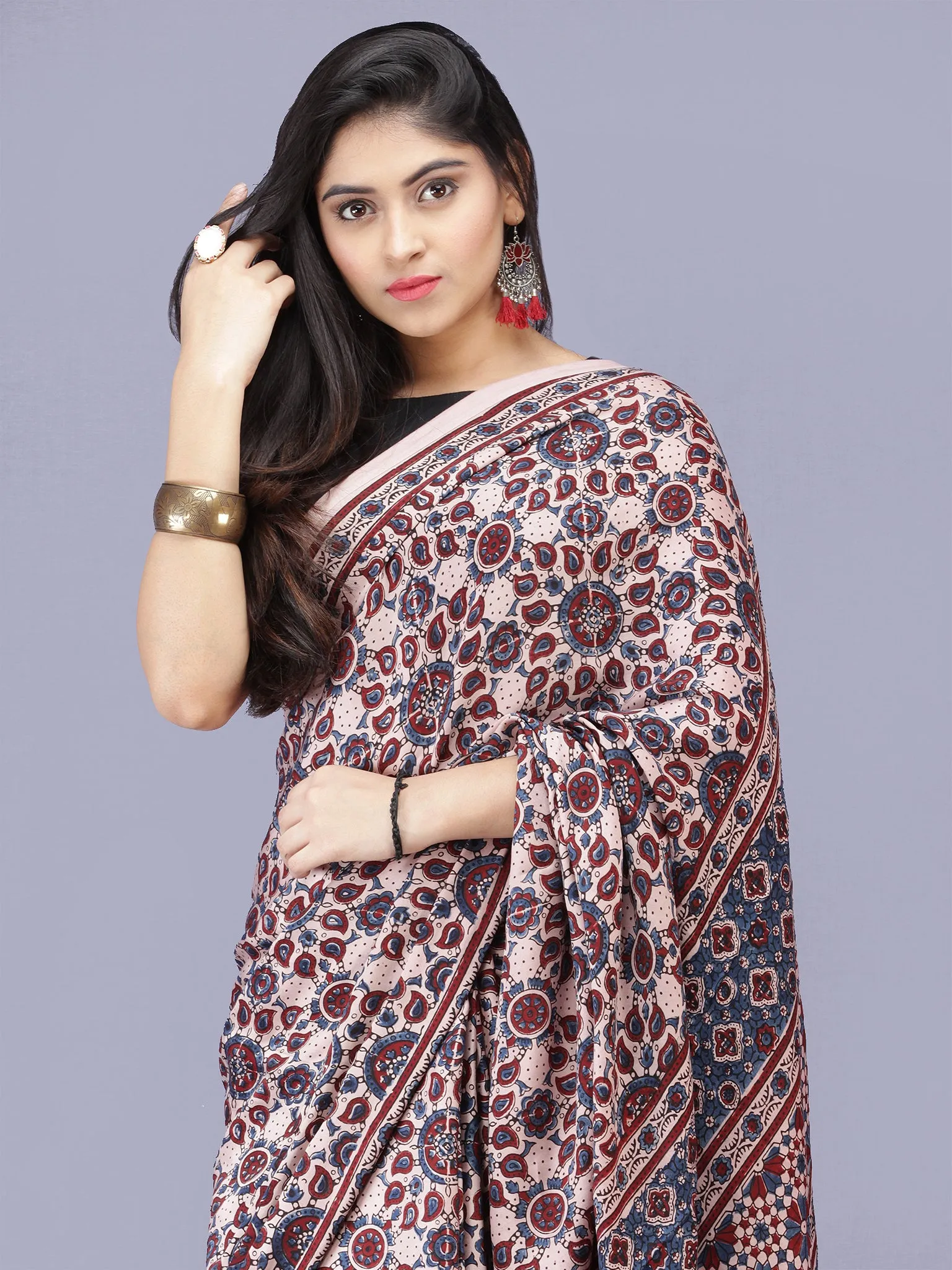 Ivory Red Indigo Ajrakh Hand Block Printed Modal Silk Saree - S031704184