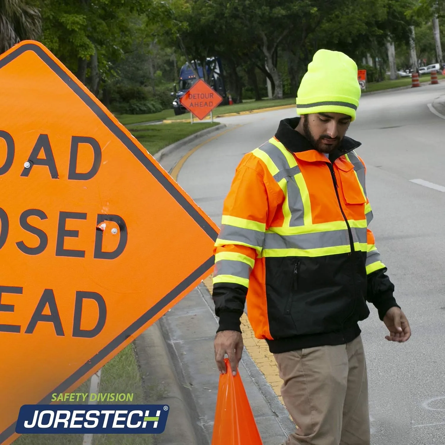 JORESTECH High Visibility Reflective Safety Bomber Jacket Waterproof X in Back ANSI/ISEA Class 1 Type O/CSA Z96
