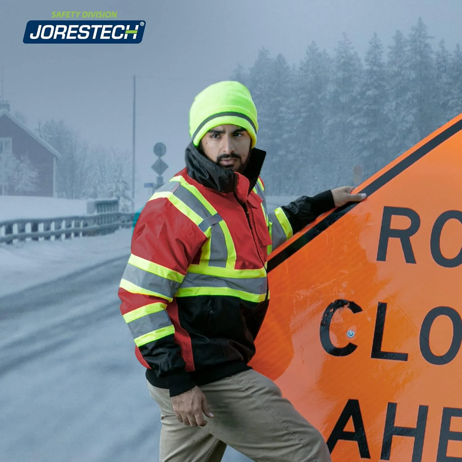 JORESTECH High Visibility Reflective Safety Bomber Jacket Waterproof X in Back ANSI/ISEA Class 1 Type O/CSA Z96