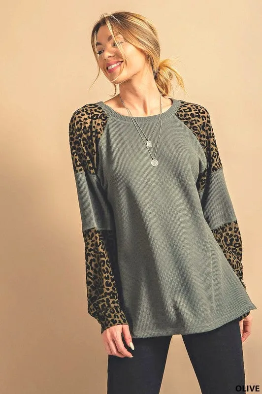 Kori Animal Thermal Long Sleeve Tee Top - Heather Grey Black