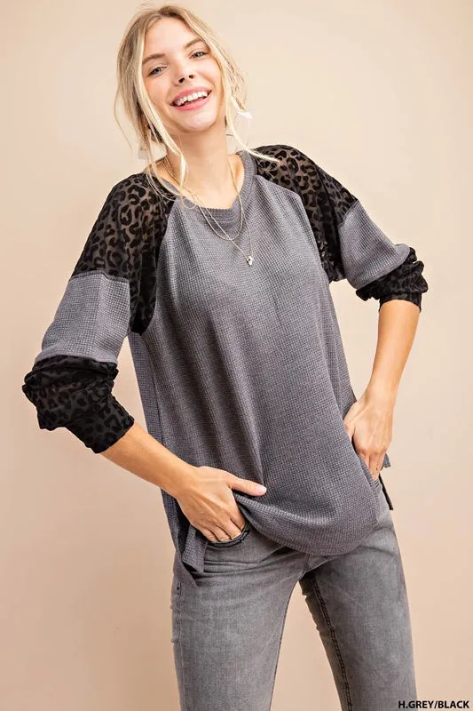 Kori Animal Thermal Long Sleeve Tee Top - Heather Grey Black