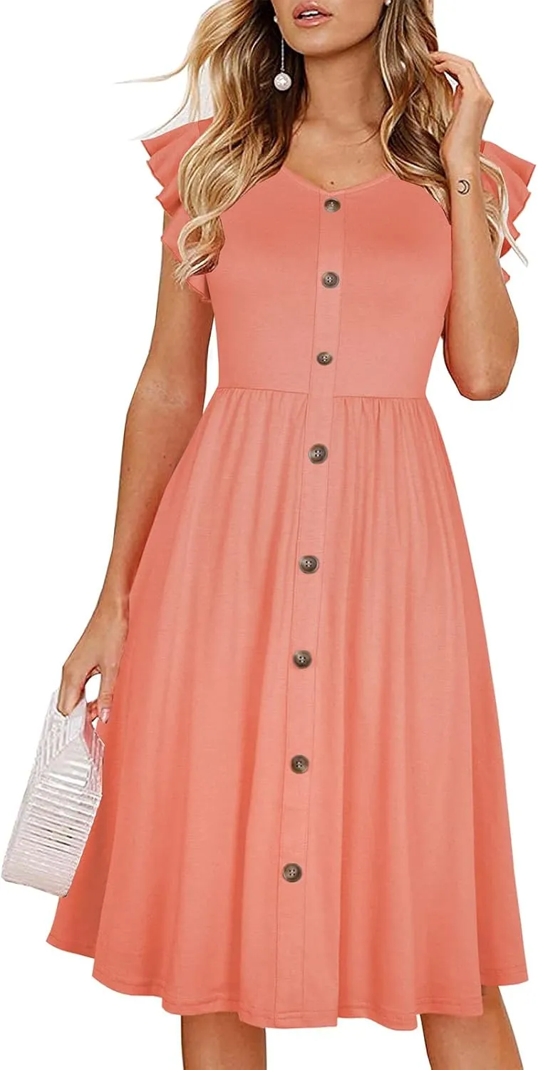 Lamilus Women's Casual Summer Dresses 2025 Ruffle Sleeves V-Neck Button Down Midi Swing Party Dress