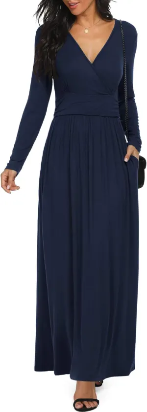 LILBETTER Women Long Sleeve Deep V Neck Loose Plain Long Maxi Casual Dress