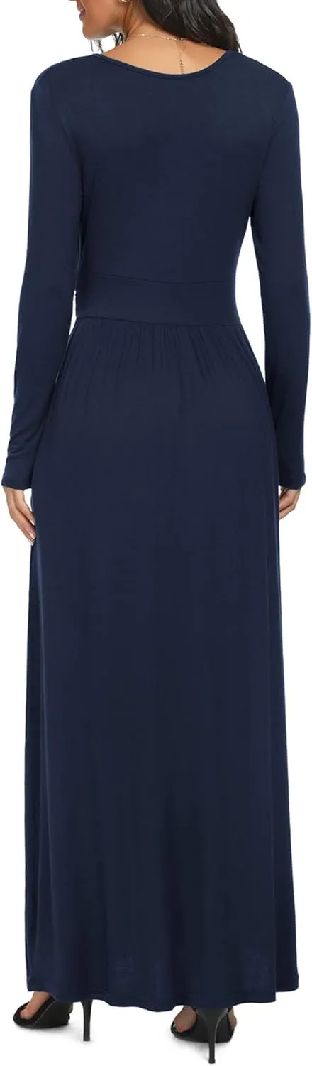 LILBETTER Women Long Sleeve Deep V Neck Loose Plain Long Maxi Casual Dress