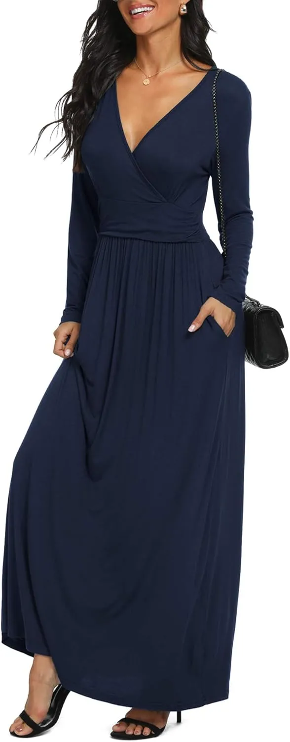 LILBETTER Women Long Sleeve Deep V Neck Loose Plain Long Maxi Casual Dress