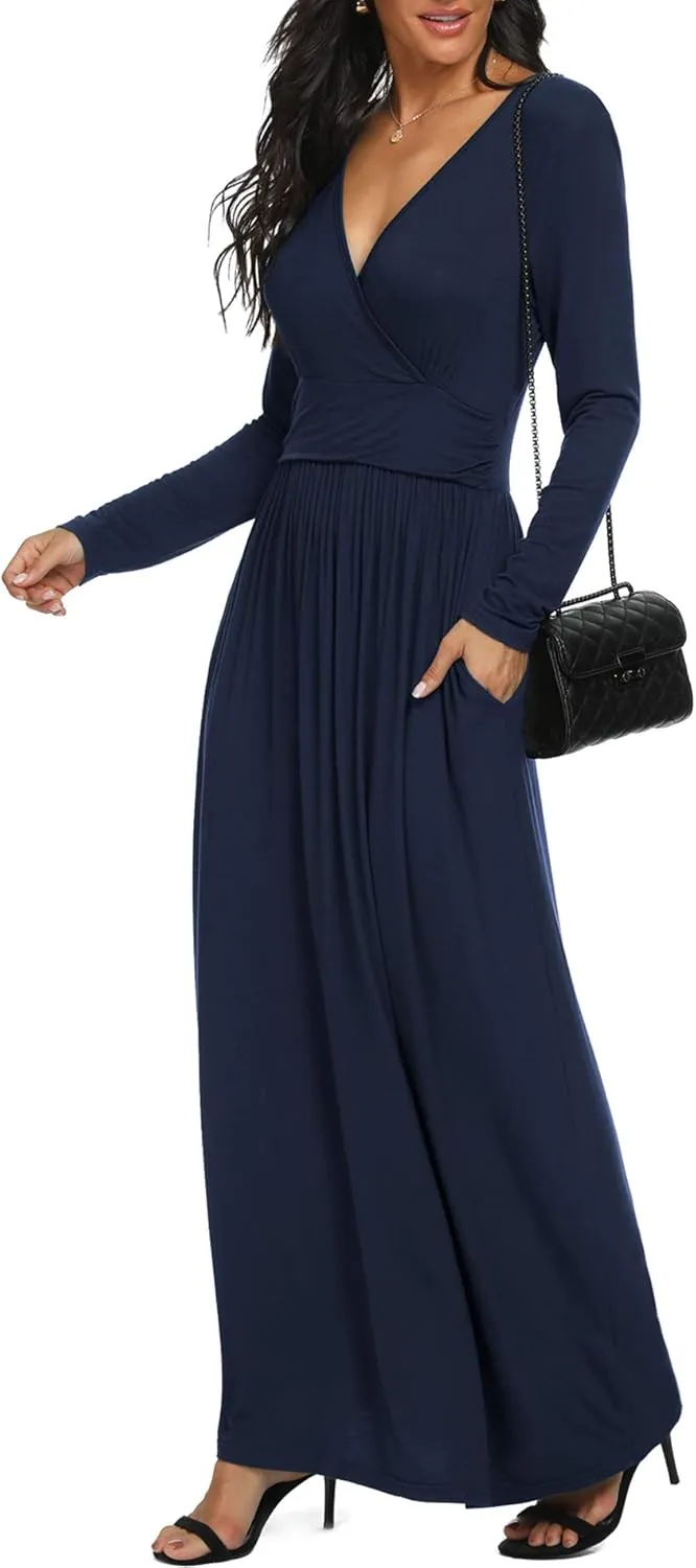 LILBETTER Women Long Sleeve Deep V Neck Loose Plain Long Maxi Casual Dress