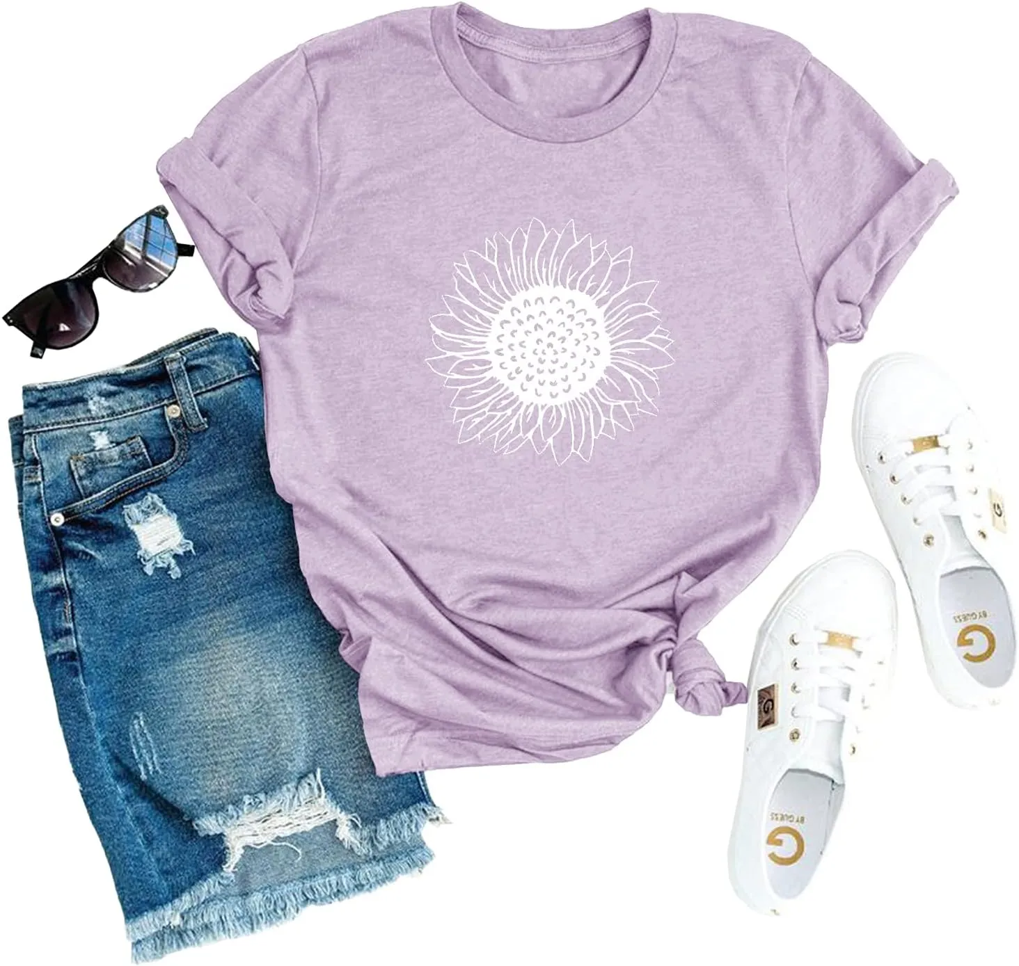 MaQiYa Womens Cute Sunflower Graphic Printed Tee Shirts Vintage Short Sleeve Cotton Shirts Tops