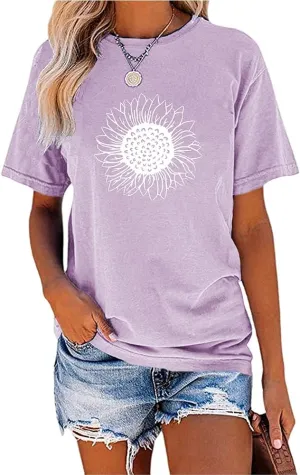 MaQiYa Womens Cute Sunflower Graphic Printed Tee Shirts Vintage Short Sleeve Cotton Shirts Tops