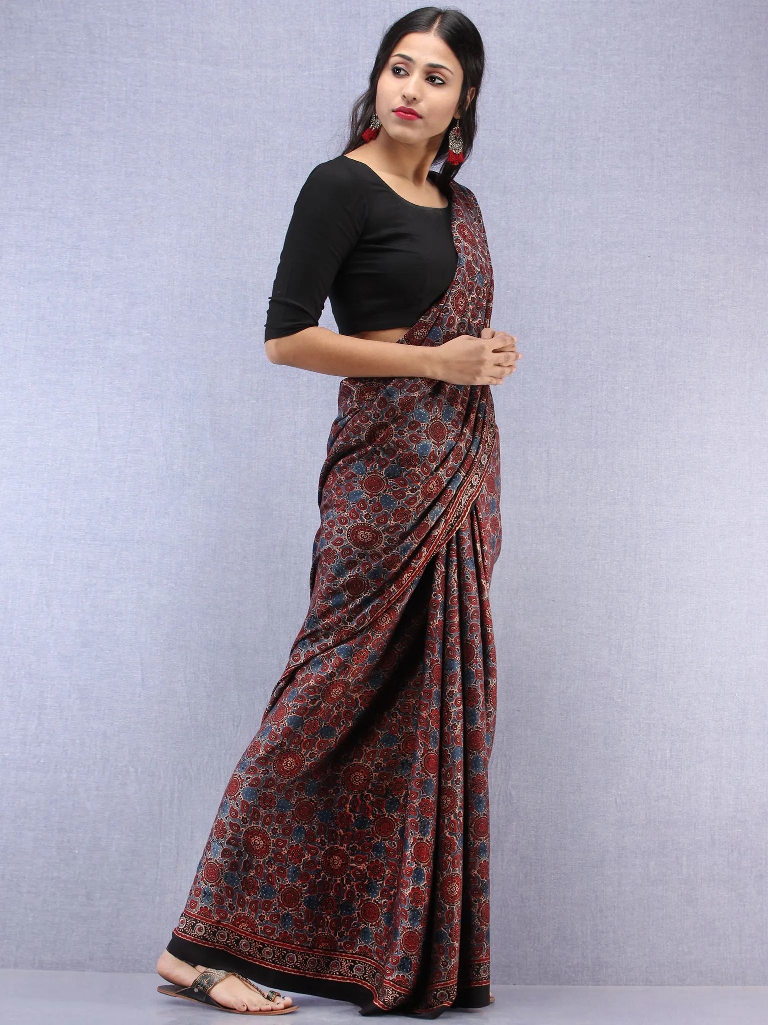 Maroon Beige Black Indigo Ajrakh Hand Block Printed Modal Silk Saree - S031704449