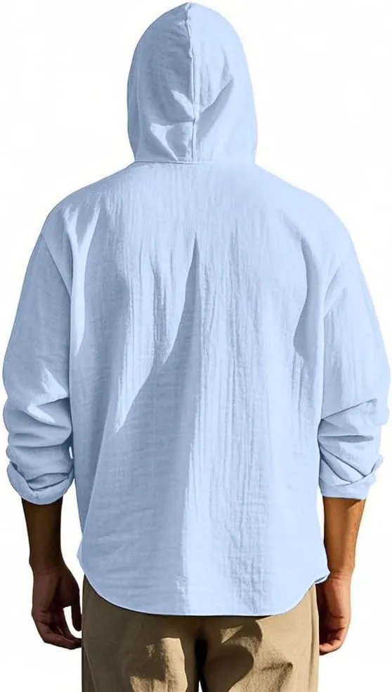 Men Cotton Linen Long Sleeve Button Down Shirt Summer Casual Hawaiian Beach Tops Lightweight Fashion Hoodies