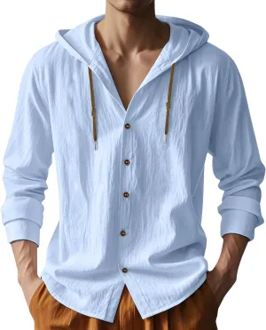 Men Cotton Linen Long Sleeve Button Down Shirt Summer Casual Hawaiian Beach Tops Lightweight Fashion Hoodies