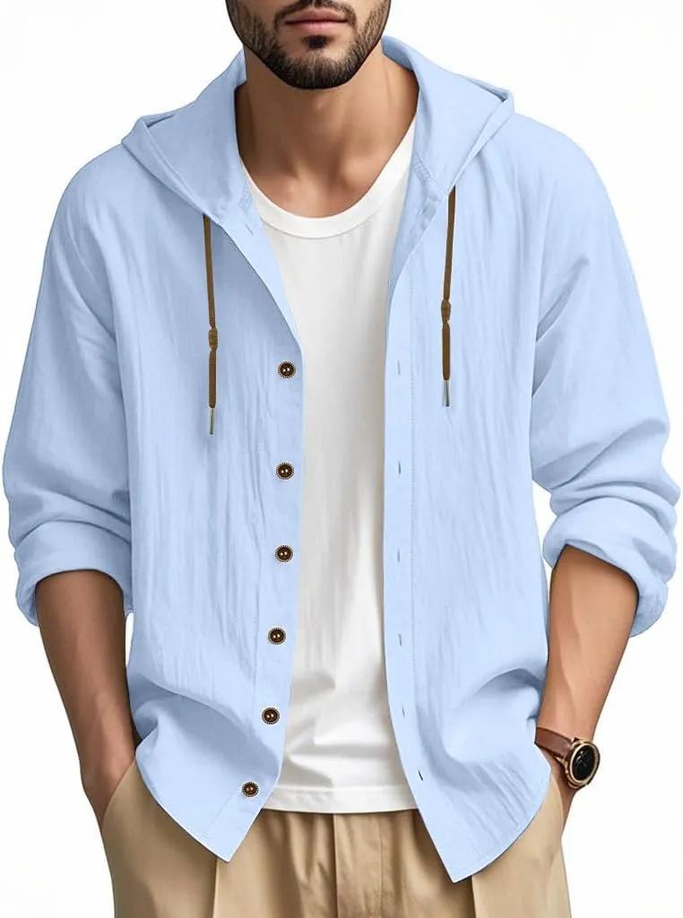 Men Cotton Linen Long Sleeve Button Down Shirt Summer Casual Hawaiian Beach Tops Lightweight Fashion Hoodies