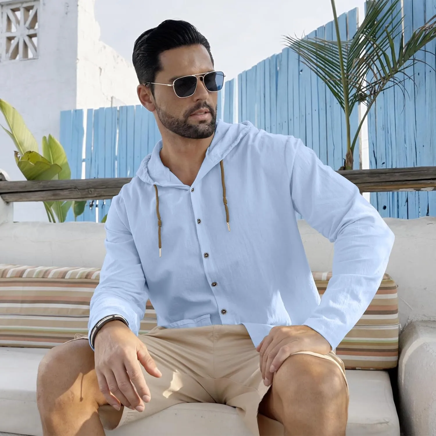 Men Cotton Linen Long Sleeve Button Down Shirt Summer Casual Hawaiian Beach Tops Lightweight Fashion Hoodies
