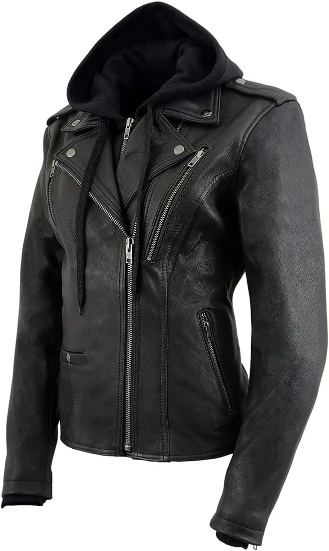 Milwaukee Leather MLL2575 Women's Black Leather Vented Motorcycle Jacket w/Removable Hoodie